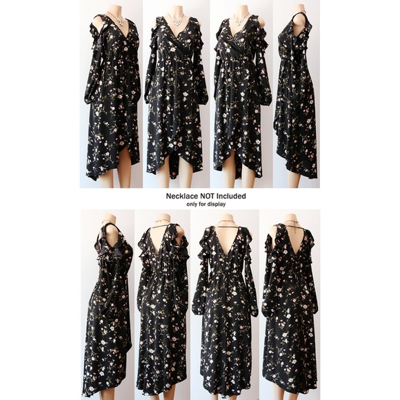 Last☝️ Floral Cold Ruffle Shoulder Wrap Midi Dress - Picture 6 of 8